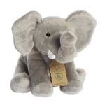 Gray plush elephant toy with a hanging tag