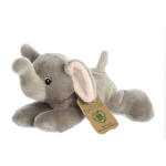 Plush gray elephant toy with pink inner ears and a hanging tag