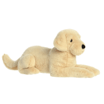 Plush beige dog lying down on a white background
