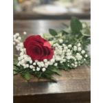 Single red rose with baby's breath and greens