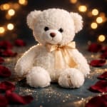 White teddy bear with a gold ribbon sitting among red rose petals