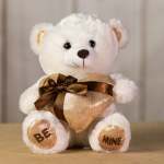 White teddy bear with a gold bow and "BE MINE" on its feet