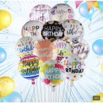 Cluster of colorful birthday balloons with "Happy Birthday" text