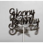 Metallic happy birthday cake topper with a silver bow