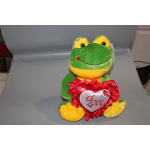 Plush frog holding a red heart pillow with the word Love
