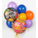 Birthday balloon bouquet with colorful round balloons and two message balloons