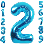 Blue foil number balloons arranged as a large 2 with smaller digits around it