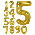 Gold number-shaped balloons arranged on a white background.