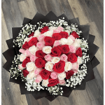 50 Red, White, Light Pink Roses Bouquet With Baby’s Breath Around