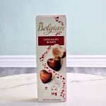 Box of Belgian chocolate hearts with red heart graphics