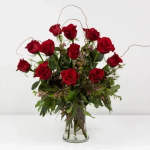 12 red roses in a vase