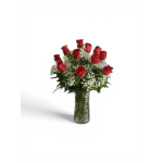 One Dozen Red Velvet Roses with Babies Breath