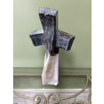 Ceramic cross wall hanging with blue, brown, and white glaze