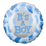 Round silver and blue 'It’s a Boy' balloon with blue baby footprints around the border.