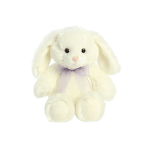Cream plush bunny with long ears and a lavender ribbon bow, seated upright.