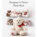Cream plush teddy bear with red bow and heart on paw, with other teddy bears blurred in the background