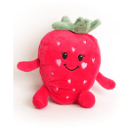 Red strawberry plush toy with smiling face and green top on white background