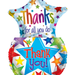 Pair of colorful foil star and round balloons with 'Thanks' and 'Thank You' messages