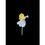 Angel-shaped decorative pick with blond angel in pale blue robe blowing a trumpet on a white stake