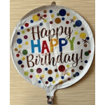 Round birthday balloon with colorful polka dots and "Happy Birthday" text