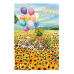 Birthday card with a pink bicycle, colorful balloons, and sunflowers in a field