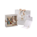 Baby gift set with Sophie la Girafe toy in box, matching gift bag, and folded card