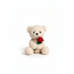 Plush teddy bear holding a red rose