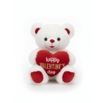 White teddy bear holding a red heart with Valentine's Day text