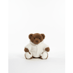 Brown teddy bear in a white hoodie sitting on a white background