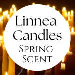 Graphic reading Linnea Candles Spring Scent over a background of glowing taper candles.