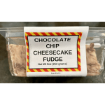 Container of chocolate chip cheesecake fudge with printed product label on the front