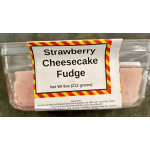 Container of strawberry cheesecake fudge with a printed label