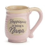 Pink ceramic mug with beige rim and oval plaque reading “Happiness is being a Nana.”