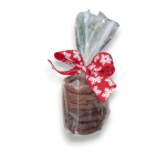 Wrapped stack of chocolate cookies tied with a red snowflake ribbon