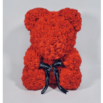 Red rose teddy bear with a black ribbon bow
