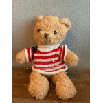 Teddy bear wearing a red-and-white striped shirt