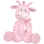 Pink giraffe plush toy with a bow sitting against a white background