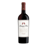 Bottle of red wine with cream label and red foil top on a white background