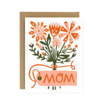 Greeting card with illustrated orange and pink flower bouquet labeled Mom