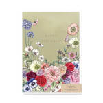Birthday greeting card with illustrated colorful flowers and butterflies on a pale background
