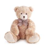 Plush teddy bear with a checkered bow tie