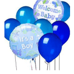 Blue baby shower balloons with "Welcome Baby" and "It's a Boy" text
