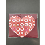 Heart-shaped Valentine card with pink and red hearts and gold text