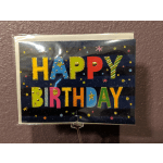 Birthday greeting card with colorful glitter letters on a dark background