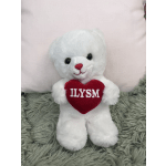 White teddy bear holding a red heart with "ILYSM" text