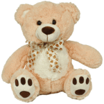Peach teddy bear with a patterned bow on a white background