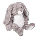 Gray plush bunny with floppy ears and white belly on a white background