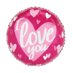 Pink heart-shaped balloon with "I love you" text and small hearts