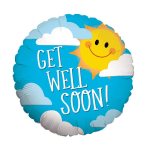 Round blue get well soon balloon with smiling sun and white clouds
