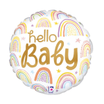Round white balloon with gold text reading hello Baby and colorful rainbow and star accents